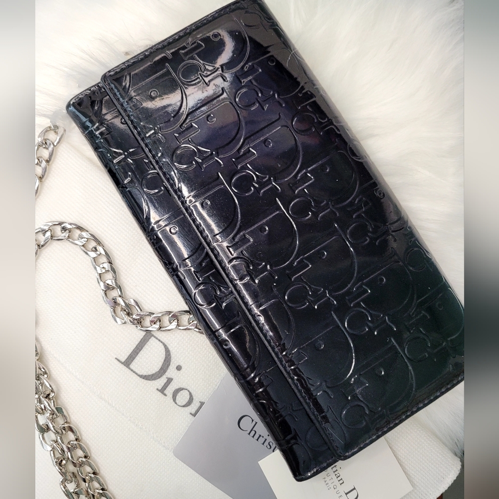 Dior oblique black patent continental leather wallet
